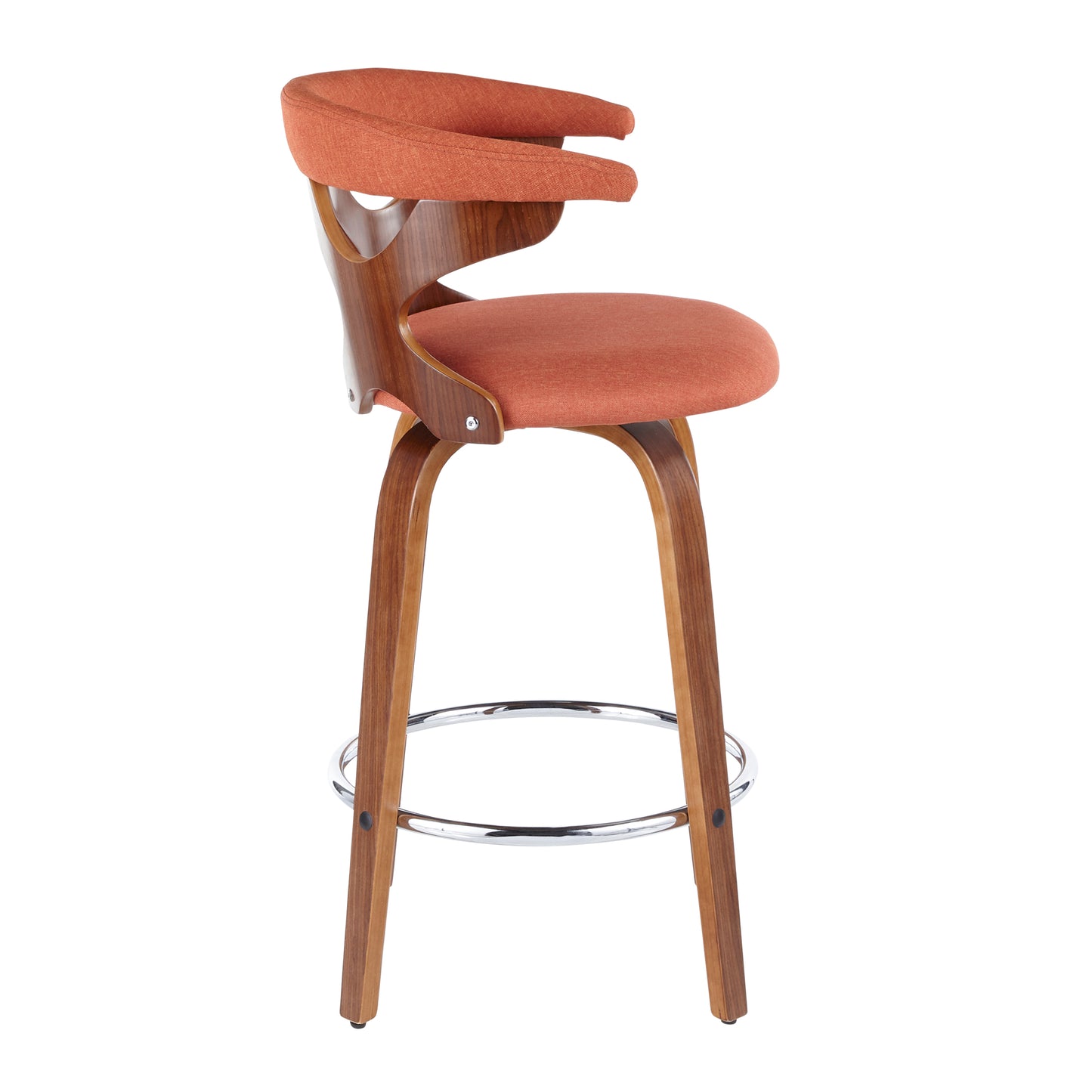 Halifax - Set of 2 - 26" Mid-Century Modern Counter Stools with Swivel, Walnut & Orange Fabric