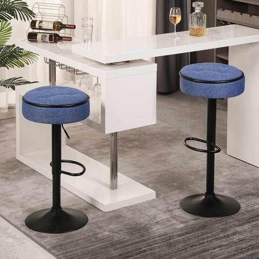 Veynard - Set of 2 - 24" Blue Linen Adjustable Bar Stools with 360° Swivel, Metal Frame for Kitchen and Dining