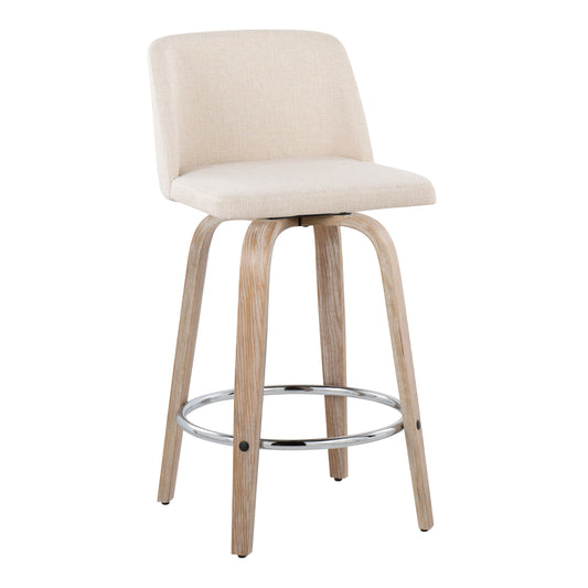 Tynor  - Set of 2 - 24"Whitewashed Wood Fixed-Height Swivel Counter Stools with Cushioned Cream Upholstery and Chrome Footrest