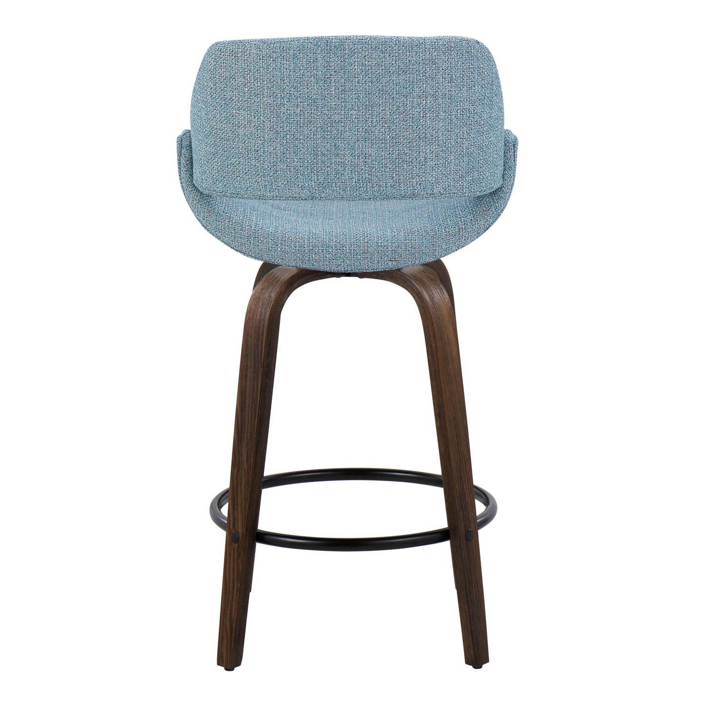 Lander - Set of 2 - 26" Mid-Century Modern Walnut Counter Stools with Blue Upholstered Fabric, Swivel Seat, Black Metal Footrest.