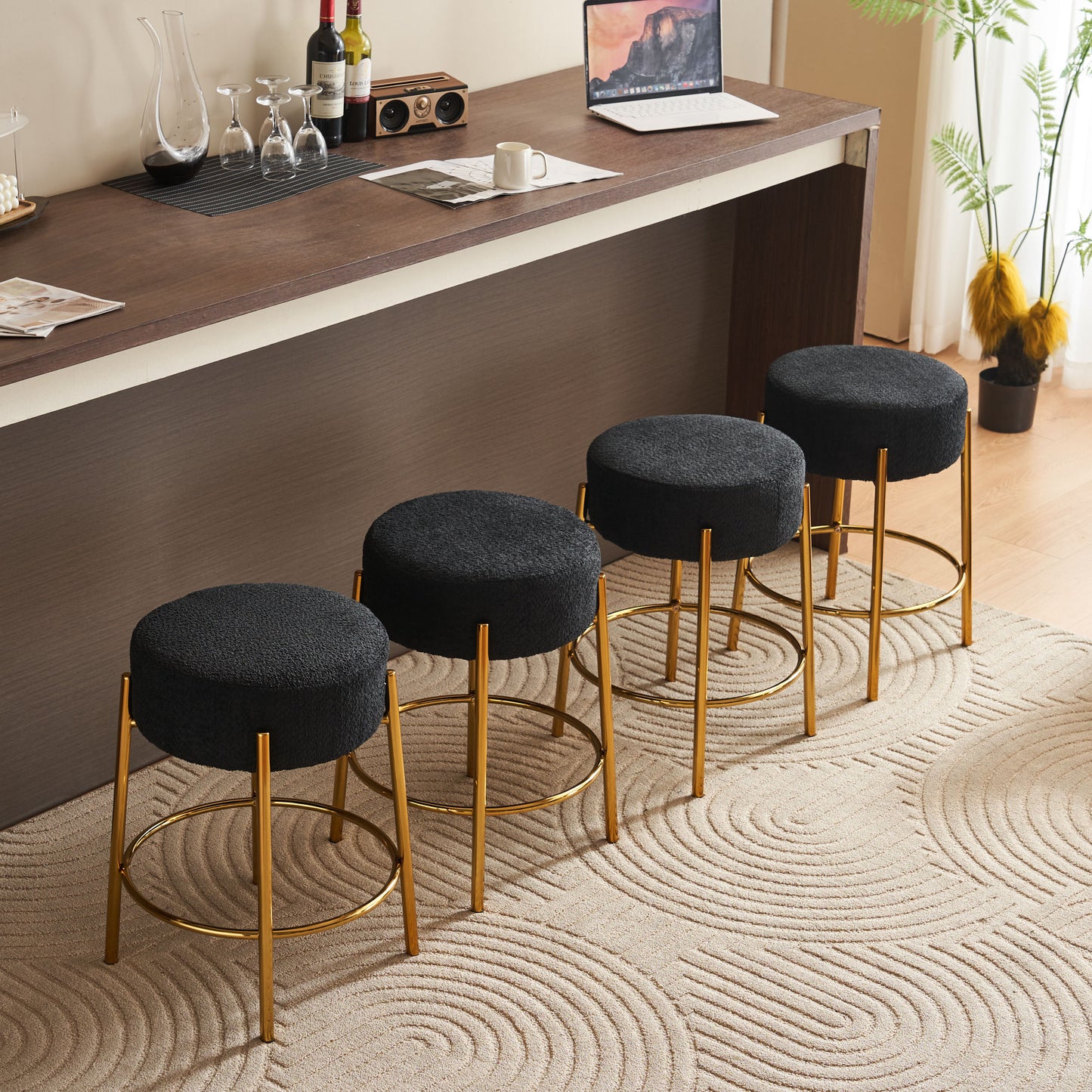 Omnira - Set of 2 - 24" Black Upholstered Round Bar Stools with Non-Slip Feet and Minimalist Design