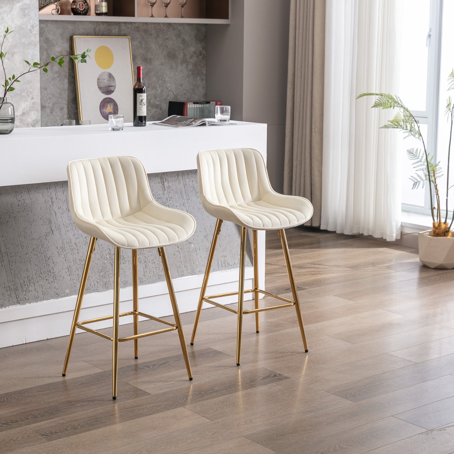 Vienna - Set of 2 - 26" Cream Velvet Counter Stools with Golden Legs and Chrome Footrest