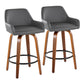 Arianne - Set of 2 - 26" Grey Faux Leather Swivel Counter Stools with Walnut Finish