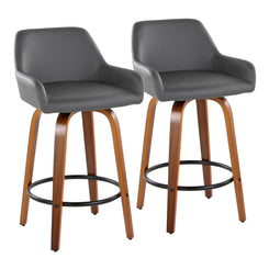 Arianne - Set of 2 - 26" Grey Faux Leather Swivel Counter Stools with Walnut Finish