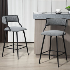 Minavelle - Set of 2 - 24" Fixed-Height Grey PU Counter Stools with Black Powder-Coated Base and Footrest