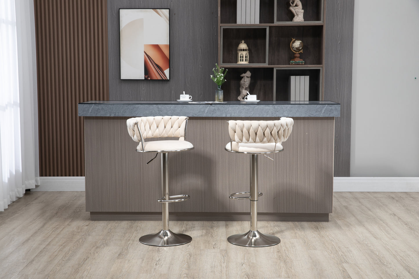 Mynroe - Set of 2 - Ivory Swivel Adjustable Counter Height Bar Stools with Footrest