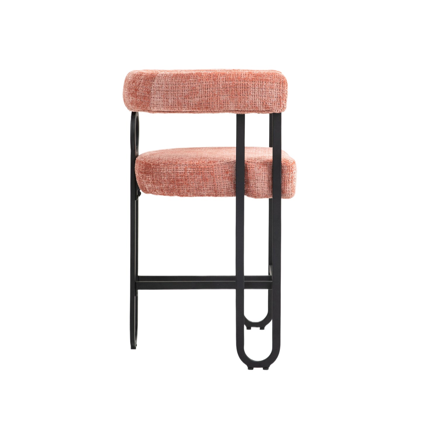 Adelina - Set of 2 - 24" Pink Chenille Bar Stools with Modern Curved Backrest and Black Metal Frame for Kitchen Island, Pub, or Dining Room