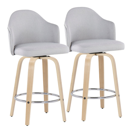 Montrose - Set of 2 - 30" Light Gray Upholstered Counter Stools with Natural Wood Legs and Chrome Footrest