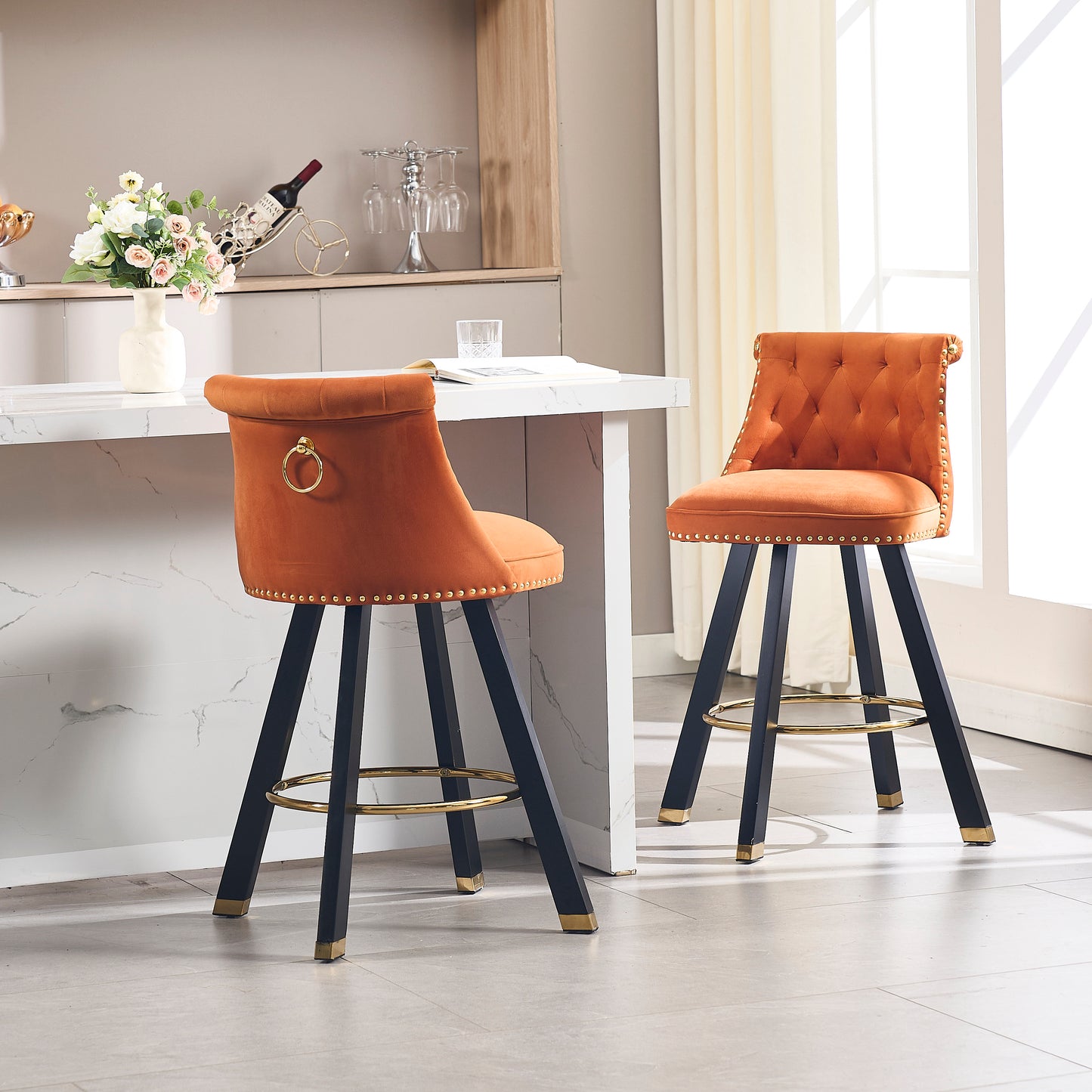 Sapphire - Set of 2 - 26" Velvet Bar Stools with Back Pull Design, Rivet Decoration, 360° Rotation, Wooden Legs for Kitchen or Dining Room