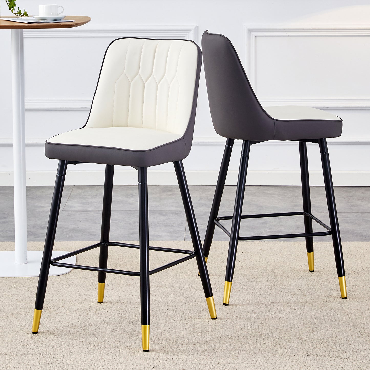 Holborn - Set of 2 - 27" Black Swivel Wood Bar Stools with High Back, Modern PU Seat, Gold Accents, and Metal Legs