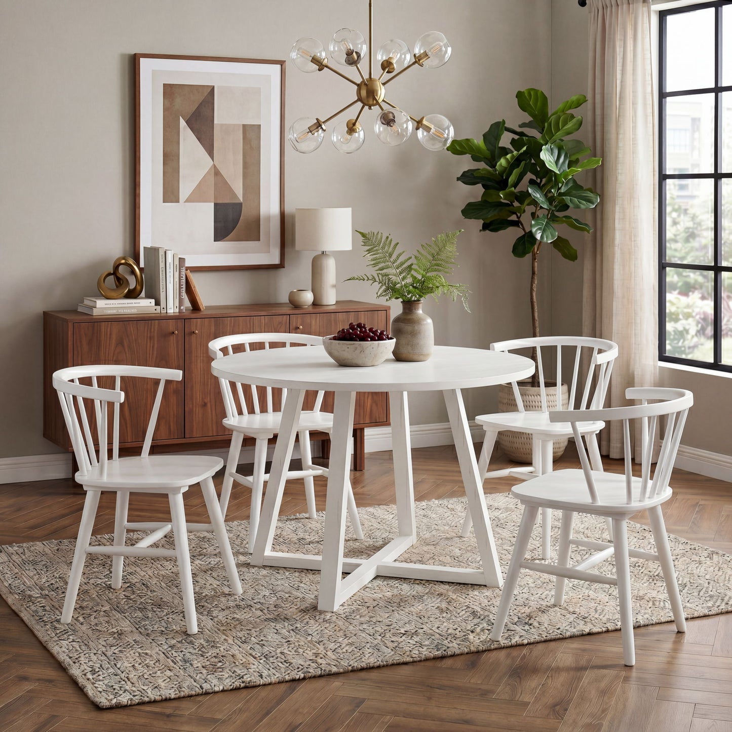 Edo - 5 Piece Dining Set, Trestle Dining Table With 4 Windsor Chairs - White