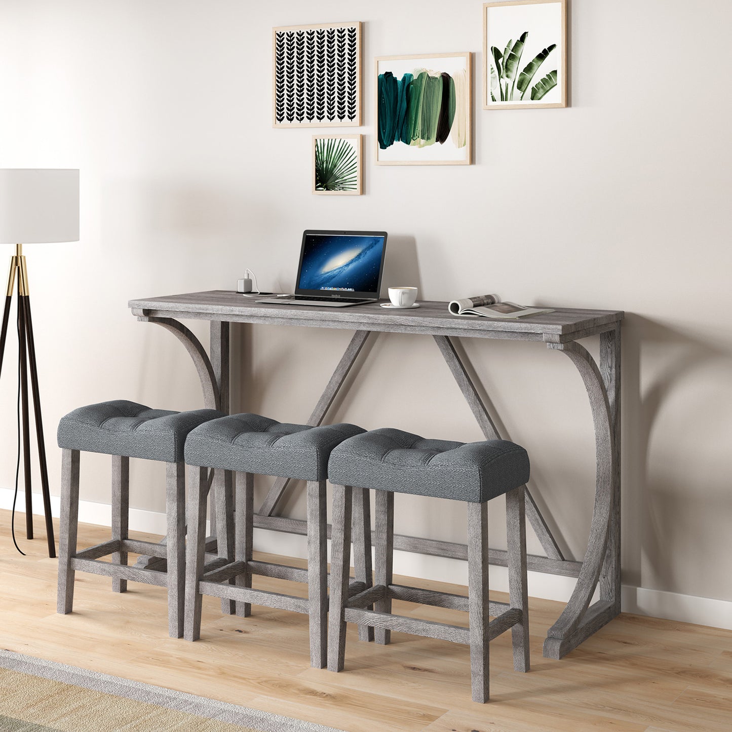 Hadden - Set of 4 - 30” Gray Industrial Bar Table Set with Power Outlet, 3 Stools, Solid Wood + MDF - Dining, Game, or Living Room, 59” x 19” x 36”