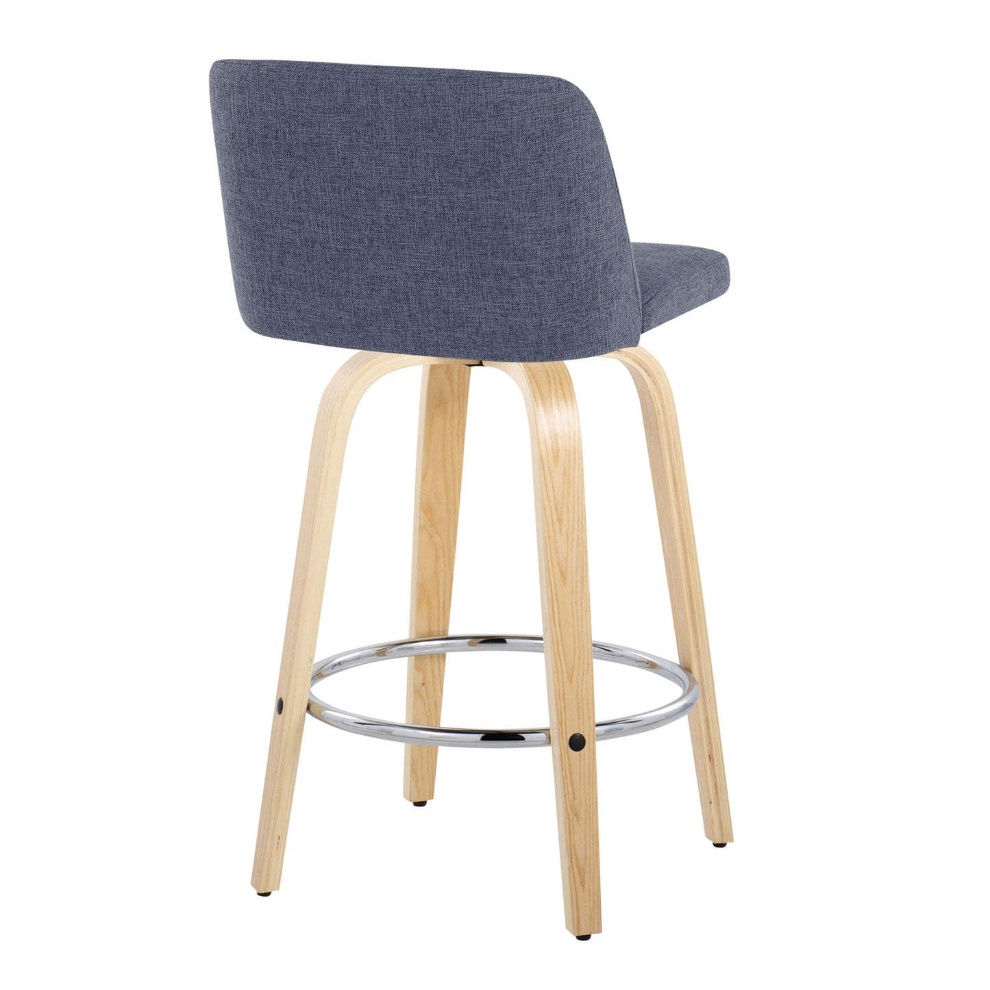 Vesperat - Set of 2 - 26" Contemporary Fixed Height Swivel Counter Stools, Blue Fabric & Natural Wood with Chrome Footrest