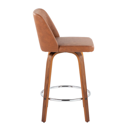 Lara Set of 2 -24" Camel Faux Leather Counter Stools Swivel Seat with Walnut Wood and Chrome Footrest