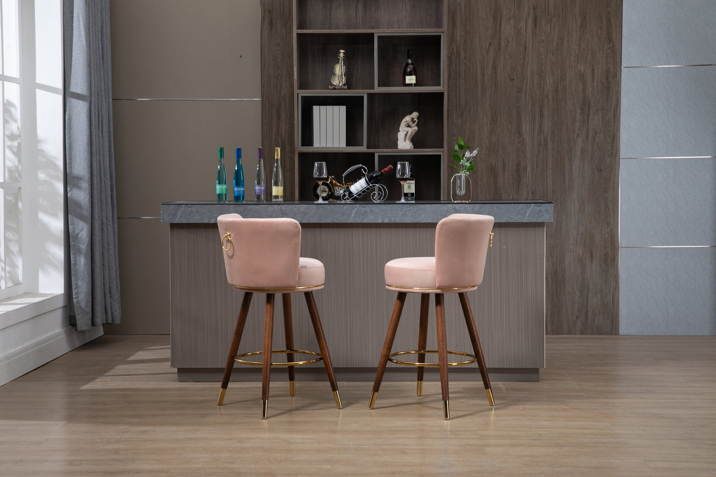 Lavantro - Set of 2 -28" Counter Height Handcrafted Swivel Bar Stools with Pink Fabric, Solid Wood Legs & 360° Rotation - Vintage Retro Design