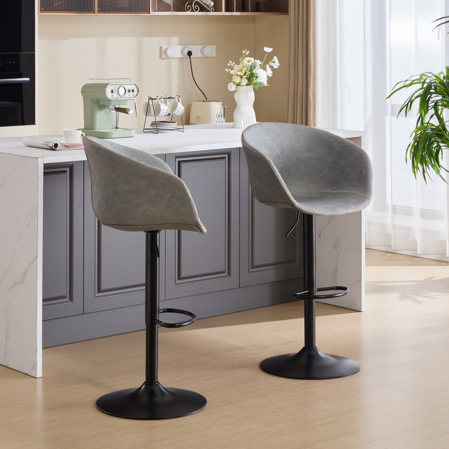 Garlandy - Set of 2 - 24'' - Adjustable Swivel Bar Stools - Mid-Century Modern PU Leather Counter Height Chairs with Ergonomic Backrest and 360° Rotation