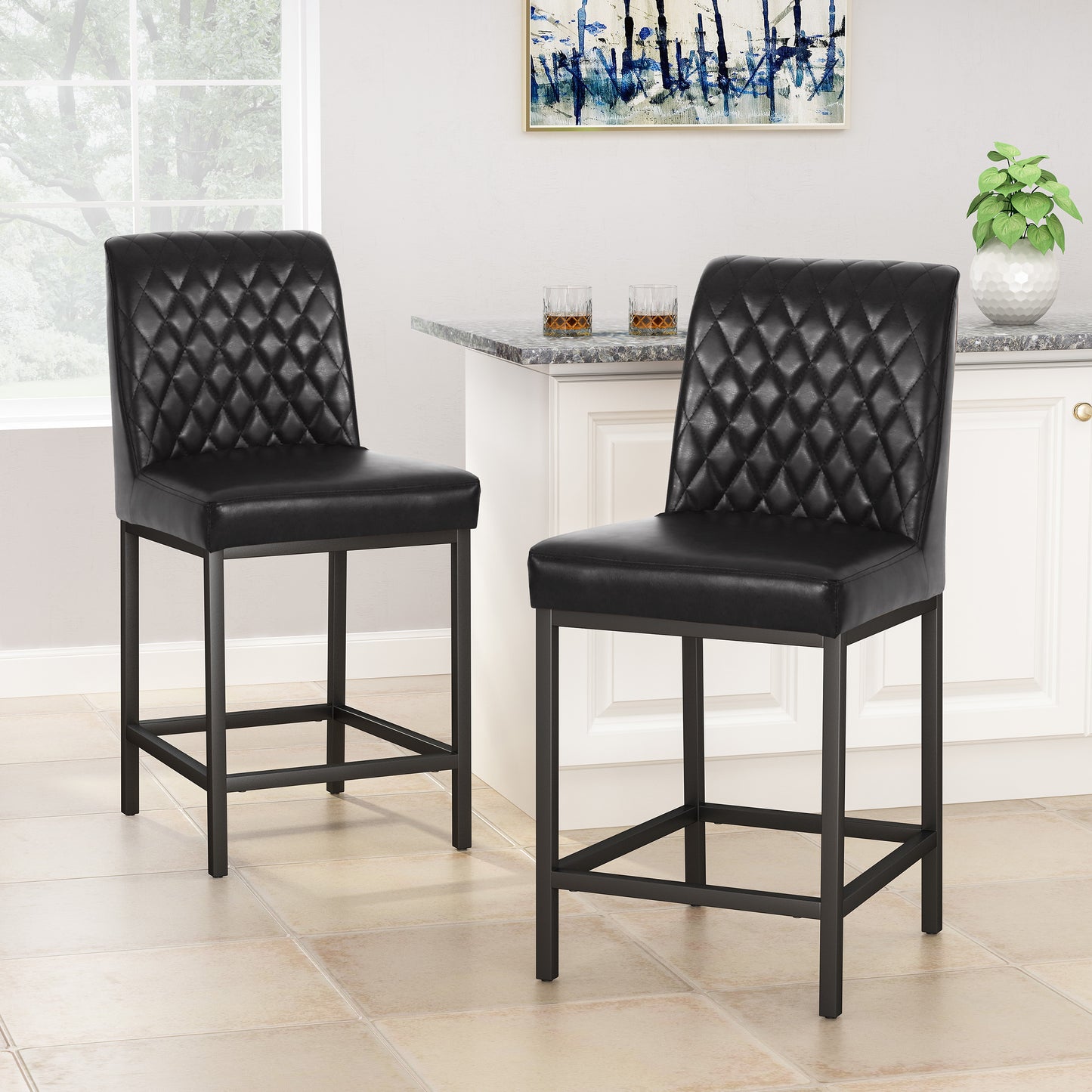 Hezekiah - Set of 2 - 24” Black Velvet Counter Stools with Diamond Tufted Backrest and Iron Frame