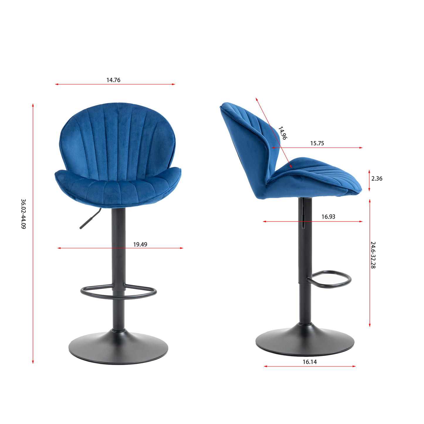 Azure - Set of 2 - 27" Adjustable Blue Bar Stools with Backrest and Footrest, Counter Height Chairs for Kitchen or Pub