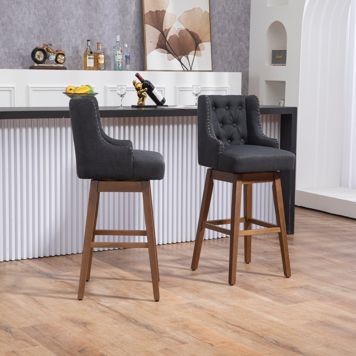 Marthlian - Set of 2 - 25" Navy Linen Counter Height Bar Stools with 360° Swivel, Footrest, Solid Wood Legs, and Retro Style for Kitchen or Dining Room