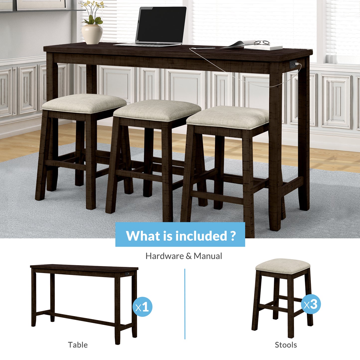 Tennyson - 4-Piece 30" Rustic Brown Counter Height Table with Fabric Padded Stools and Socket