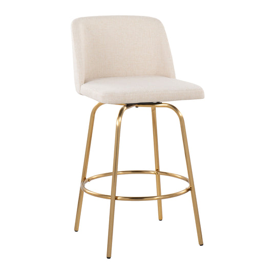 Luriani - Set of 2 - 26" Fixed-Height Counter Stools with 360° Swivel, Cream Noise Fabric & Gold Metal Base