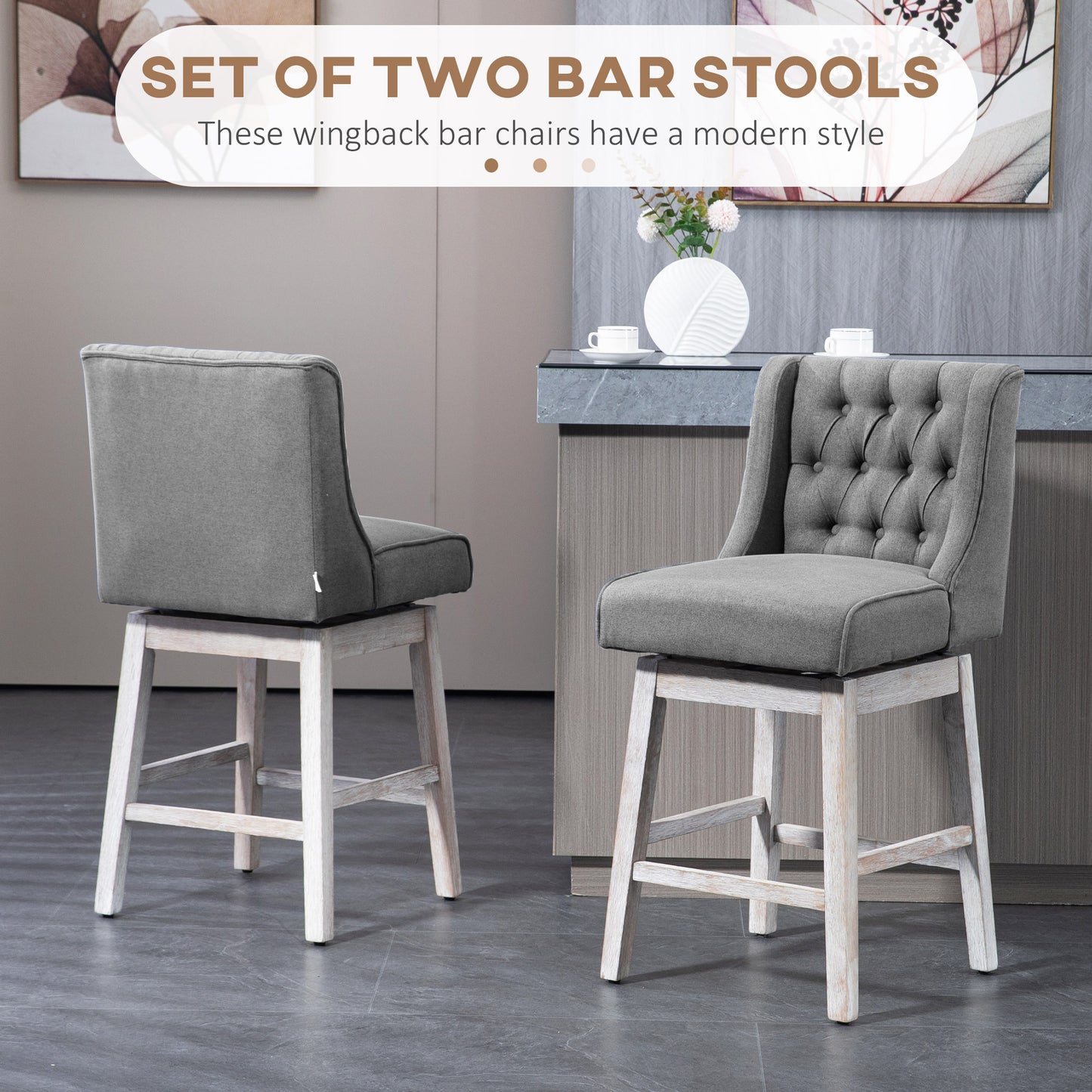 Ariana - Set of 2 - 27" Gray Swivel Bar Stools with Button-Tufted Back, Rubberwood Legs