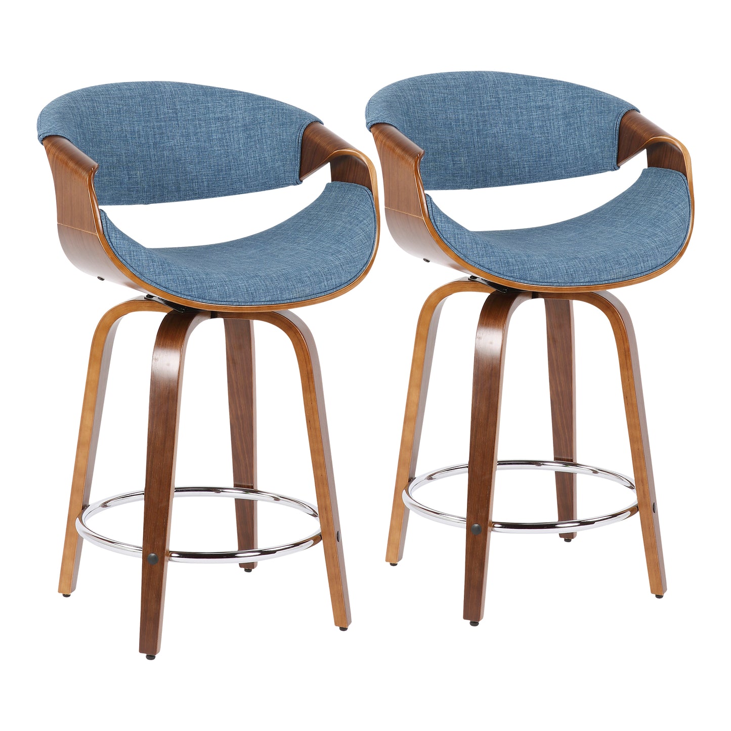 Curvini - Set of 2 - 26" Walnut Wood & Blue Fabric Mid-Century Counter Stools with Swivel & Armrests