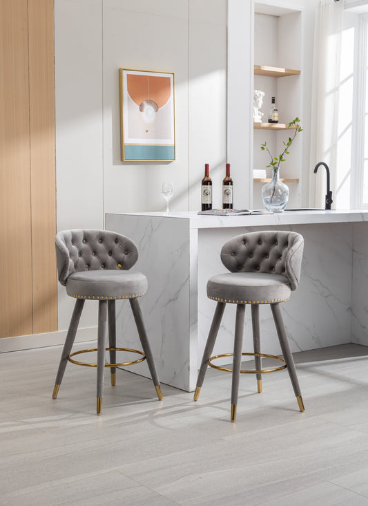 Luthiana - Set of 2 - 28" Gray Velvet Counter Height Bar Stools with 360° Swivel, Backrest, Footrest, and Solid Wood Legs