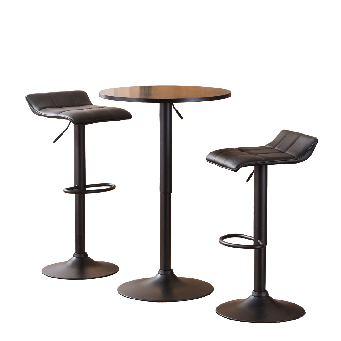 Halvore - Set of 2 - 26" Black Swivel Adjustable Height Bar Stools & Round Bar Table - Modern Faux Leather & Metal Dining Set