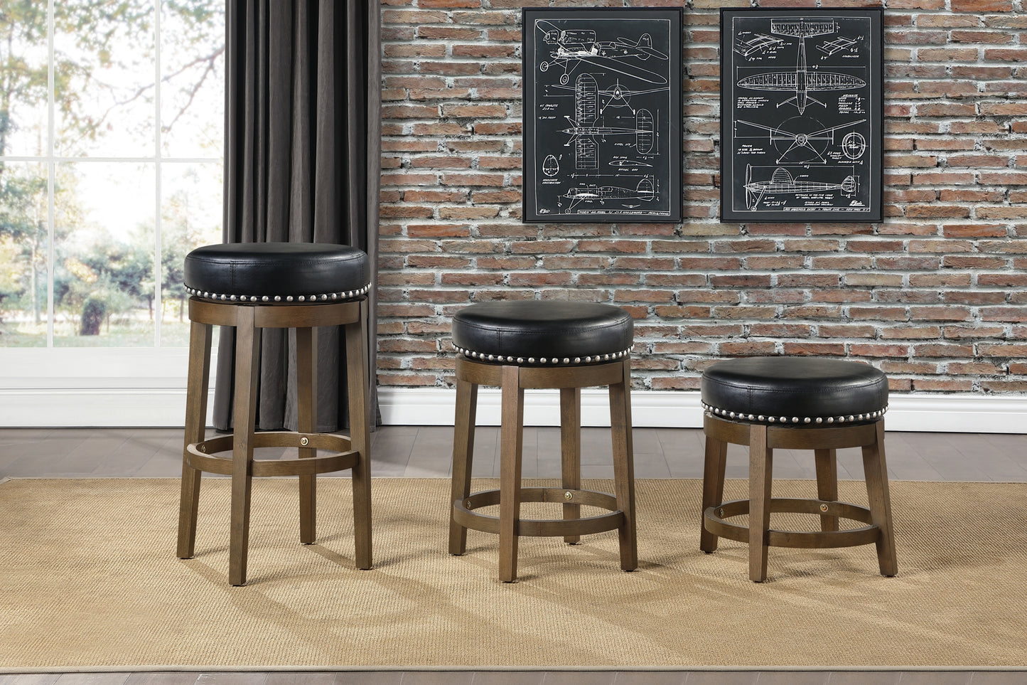 Woventra - Set of 2 - 26" Black Faux Leather Swivel Counter Stools with Nailhead Trim, Solid Wood Frame, and Brown Finish