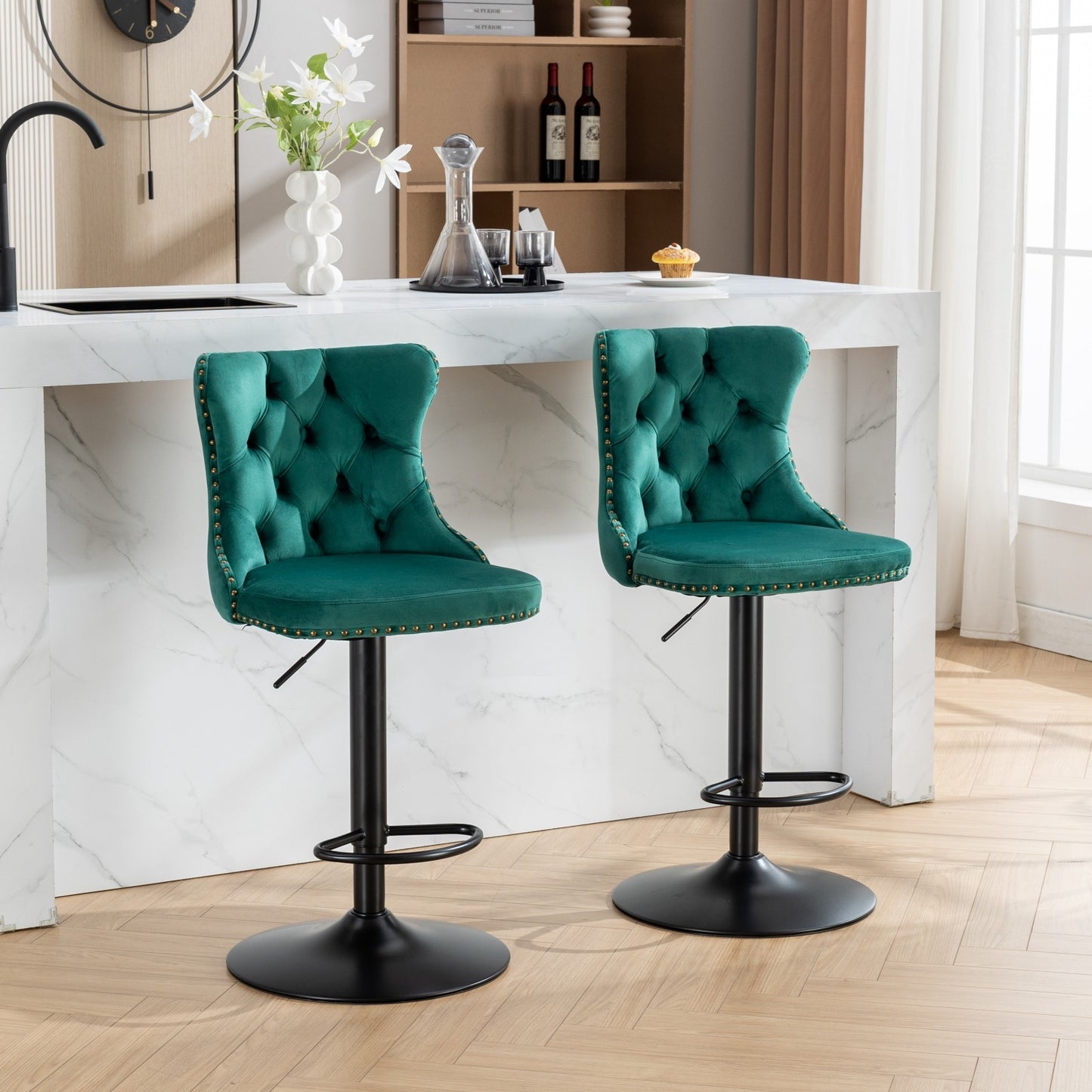 Luxury  - Set of 2 - 25" Green Velvet Swivel Barstools with Adjustable Seat Height, Upholstered Tufted Chairs & Copper Nailheads