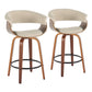 Sereno - Set of 2 - 24" Cream Fabric Swivel Counter Stools with Walnut Wood Frame and Black Metal Footrest