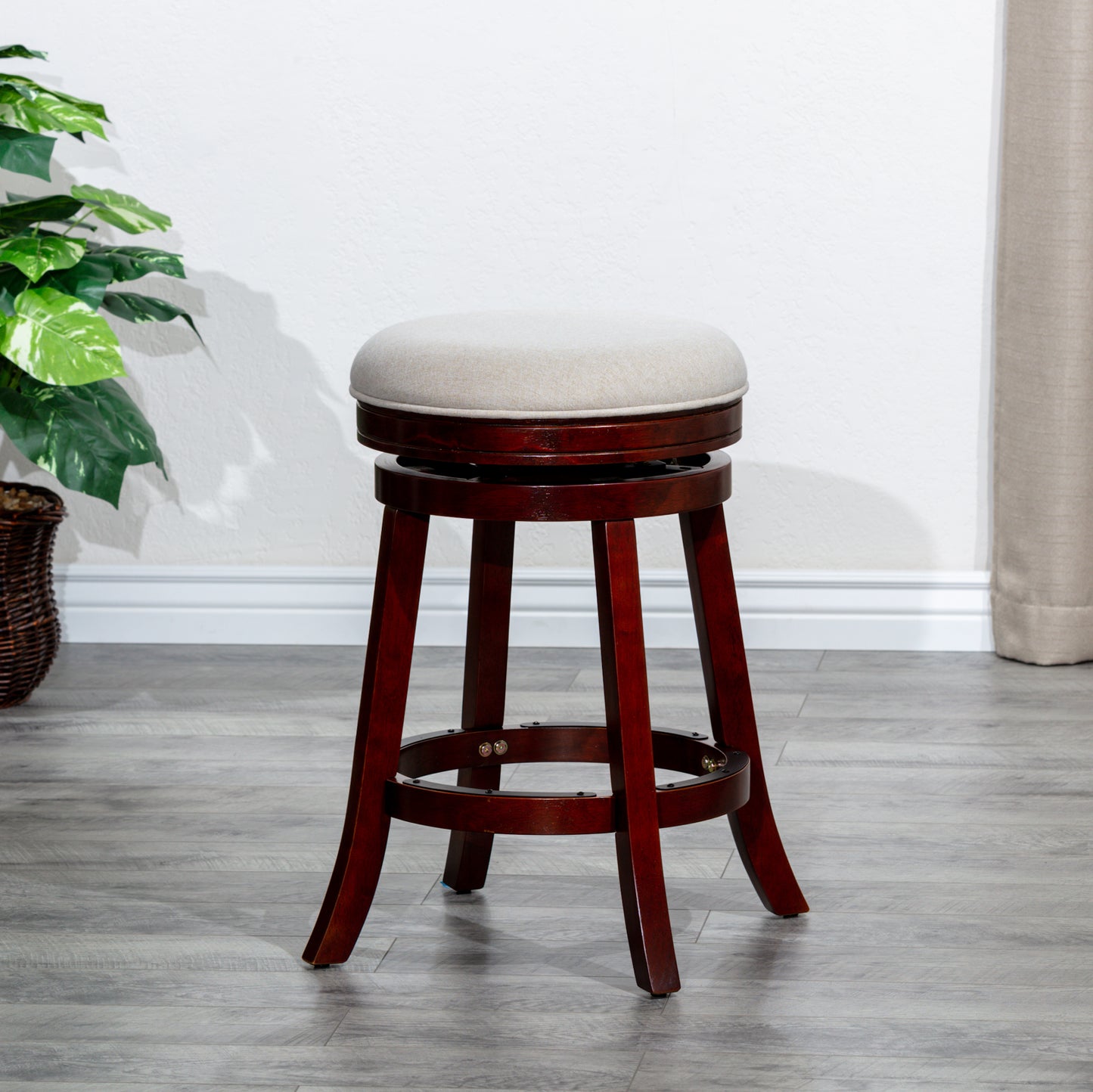 Morvain - Set of 2 - 24" Cherry Finish Counter Height Stools with Beige Fabric Swivel Seat