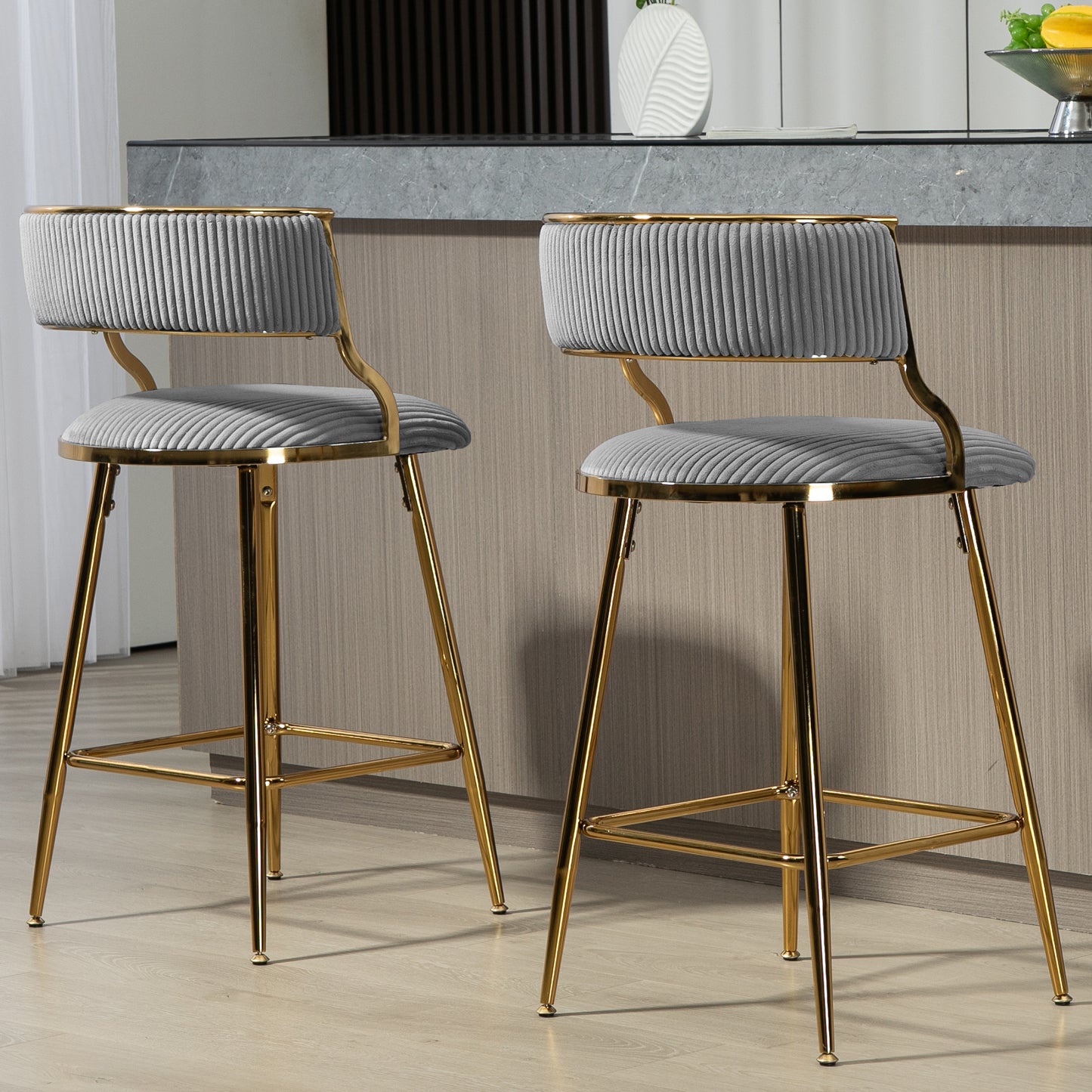 Astrid - Set of 2 - 26" Grey Corduroy Counter Height Bar Stools with Golden Chromed Base, Backrest, and Footrest