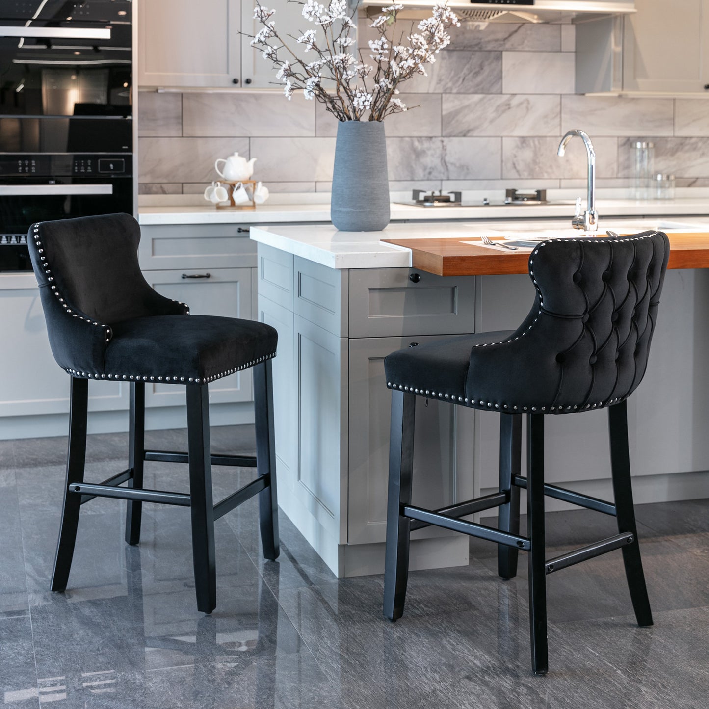 Everly - Set of 2 - 28" Contemporary Velvet Upholstered Wing-Back Bar Stools with Button Tufted Design, Wooden Legs & Chrome Nailhead Trim, Black