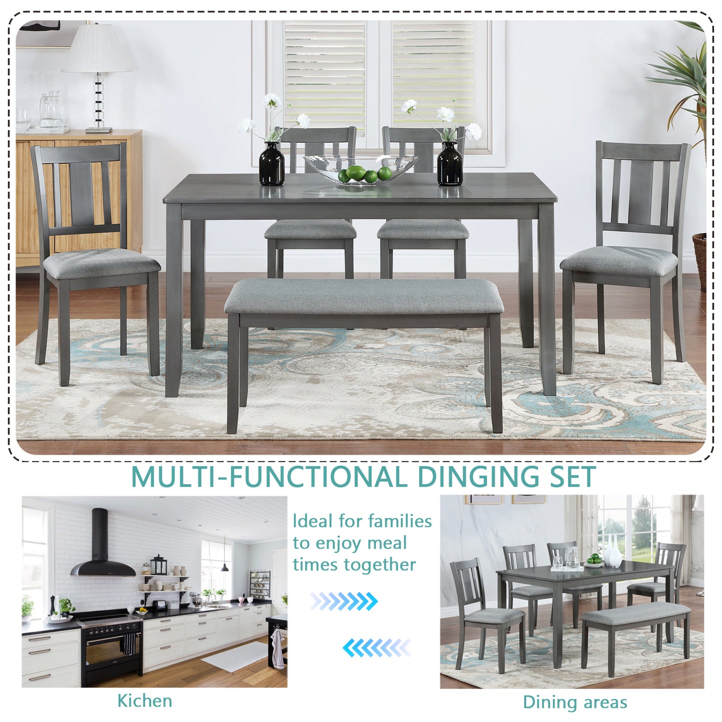 Valencia 6-Piece Dining Set - Gray - Includes Rectangular Table, 4 Upholstered Chairs, 19" and Bench - Acacia Wood, Seats 6