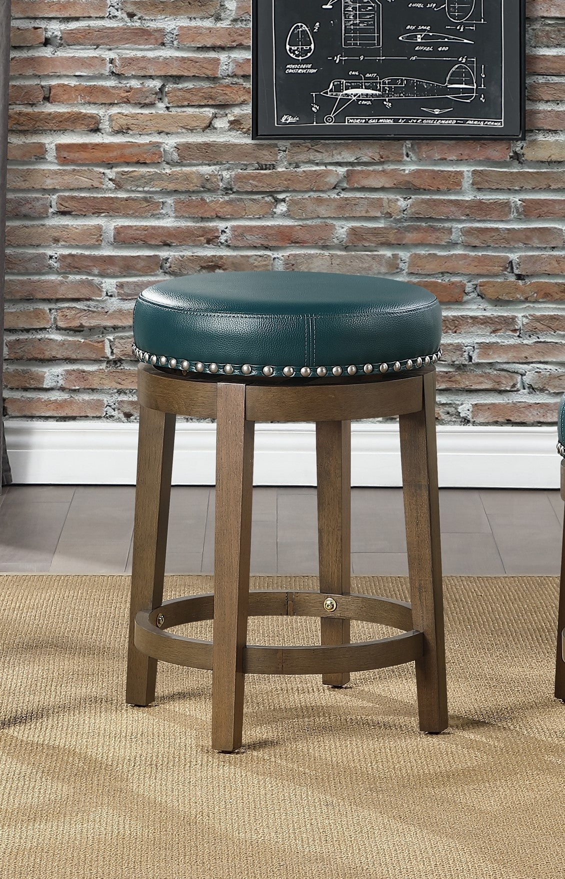 Westby - Set of 2 - 20" Green Faux Leather Counter Height Swivel Stools with Nailhead Trim and Brown Solid Wood Frame