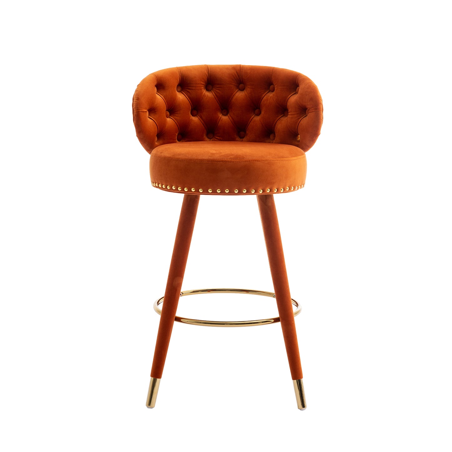 Miple - Set of 2 - 28" Orange Velvet Swivel Counter Height Bar Stools with Backrest, Footrest, and Solid Wood Legs, Retro Style