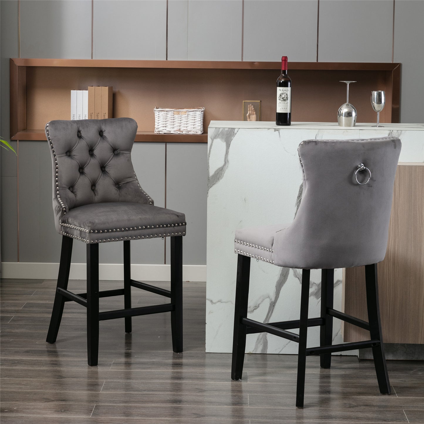 Gualtier - Set of 2 - 28" Velvet Upholstered Barstools with Button Tufted Design, Chrome Nailhead Trim, and Wooden Legs