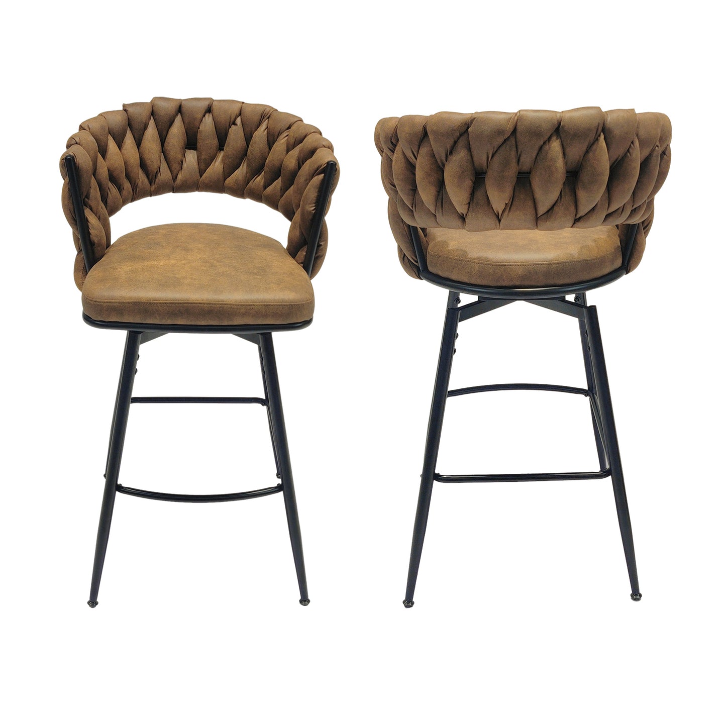 Millington- Set of 2 - 25" Woven Leather Counter Stools with 360° Swivel, Brown & Black Finish, Upholstered Technical Leather, Sturdy Metal Base