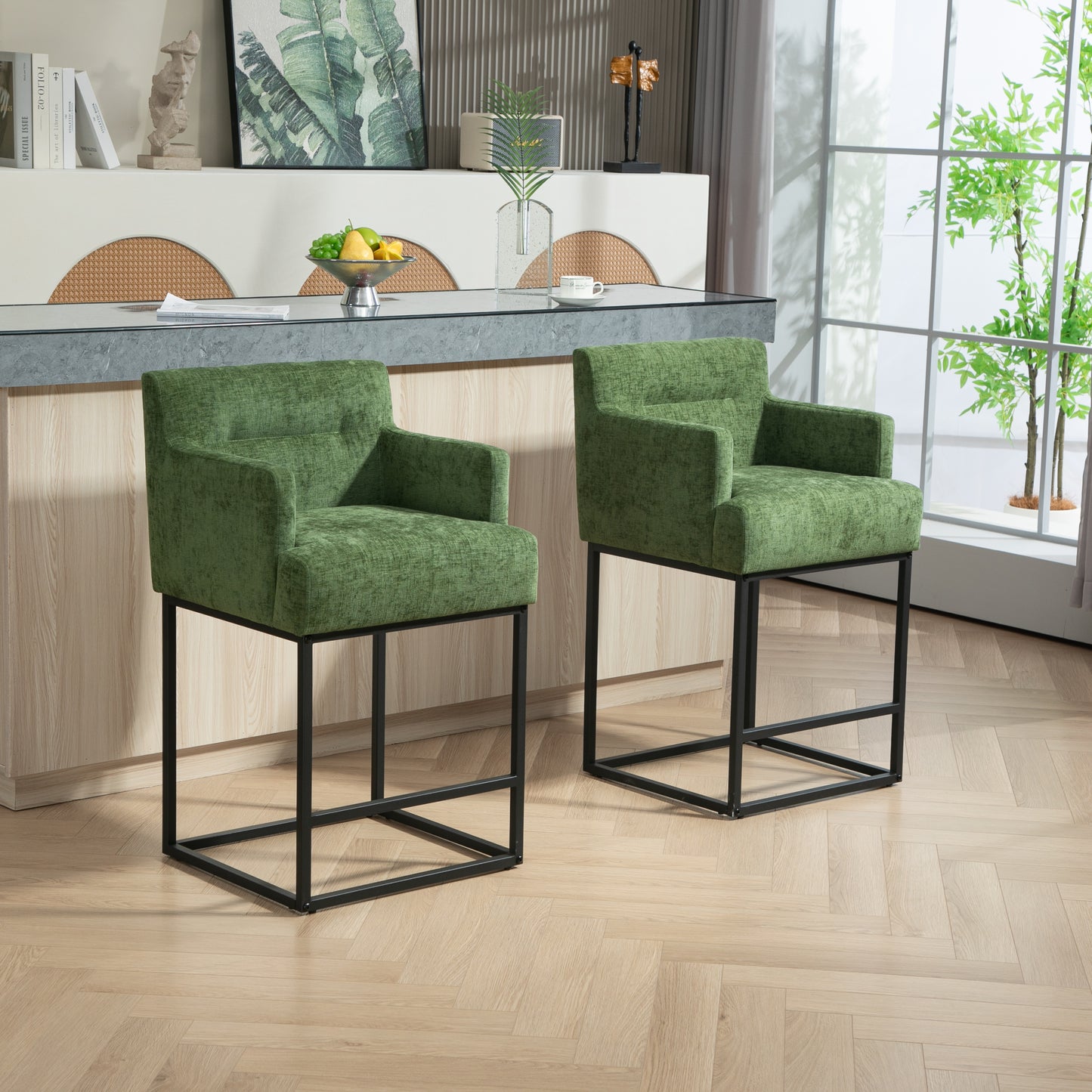 Neveo - Set of 2 - 26" Green Upholstered Chenille Counter Height Bar Stools with Black Metal Frame - Modern Square Design for Kitchen Island or Pub