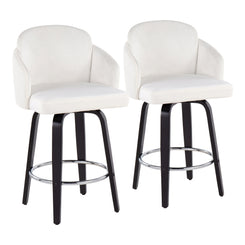 Daelon- Set of 2 - 21" Black Wood & Cream Velvet Counter Stools with Gold Accents and Chrome Footrest