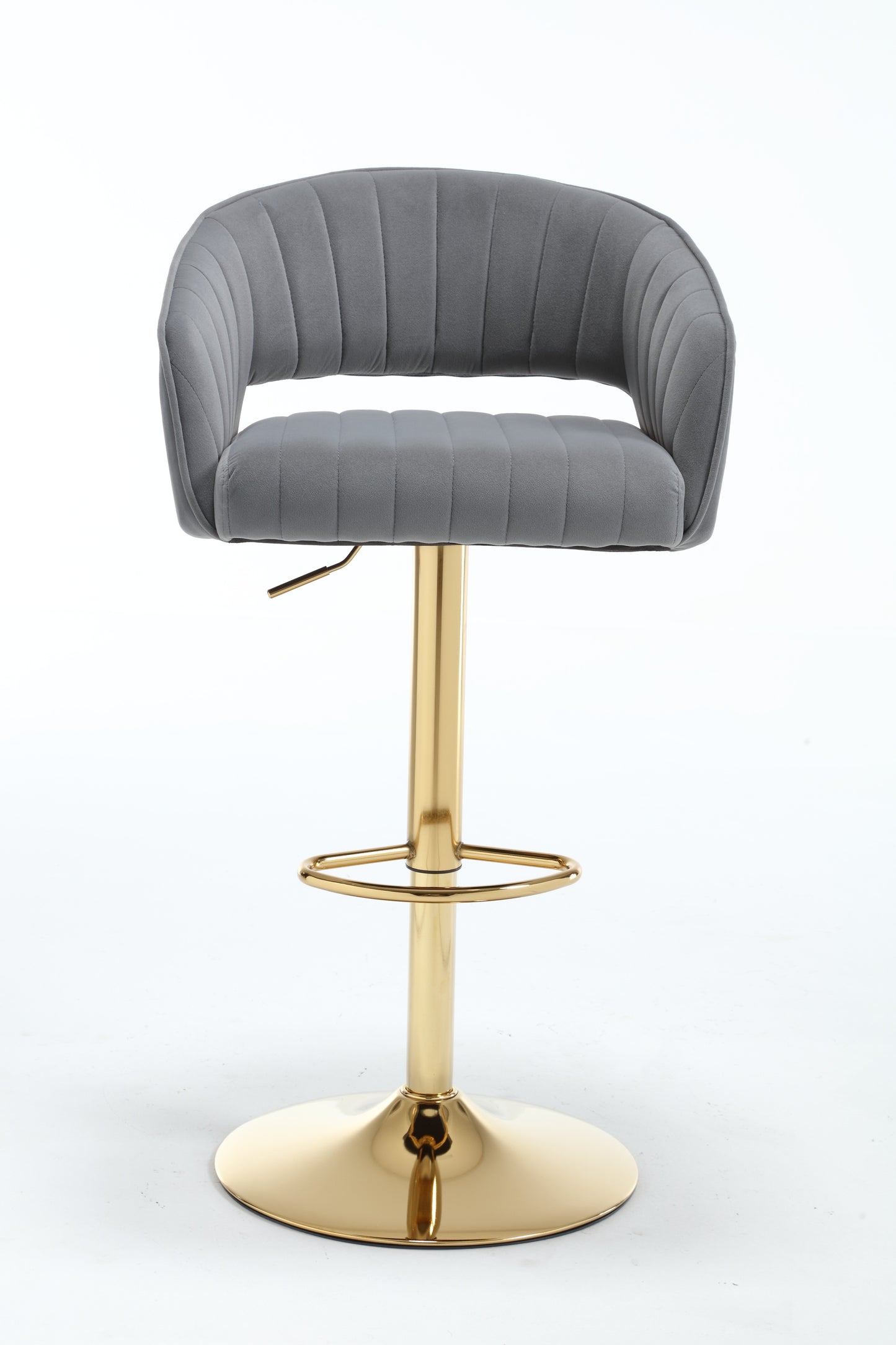 Hark - Set of 2 -26" Adjustable Gray Velvet Bar Chairs with Hollowed Back and Gold Base, 19.4" L x 21.5" W x 43.7" H