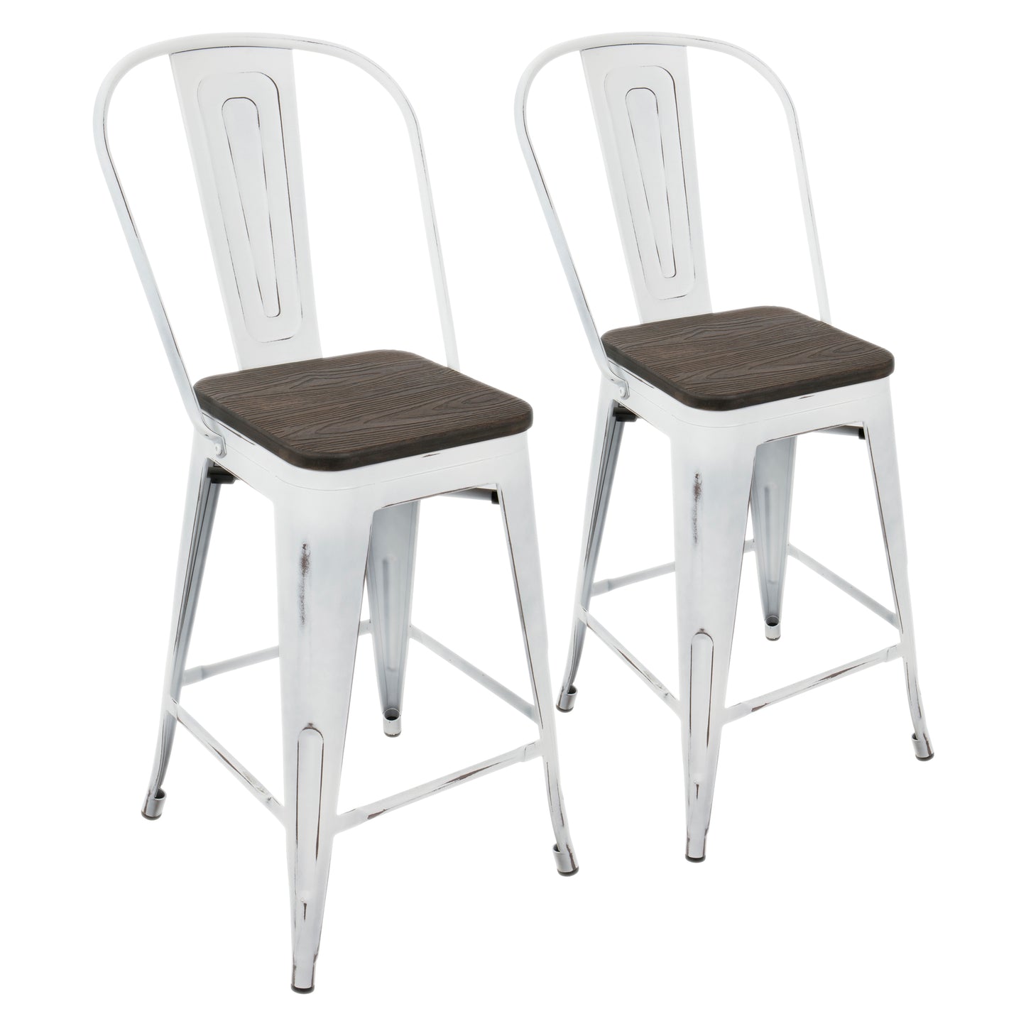 Camden - Set of 2 - 26" High-Back Counter Stools in Vintage White with Espresso Wood and Industrial-Farmhouse Design