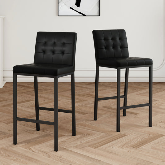 Bastion - Set of 2 - 26" Seat Height Black PU Upholstered Bar Stools with Metal Legs, High-Back Design (17.72" W x 14.96" D)