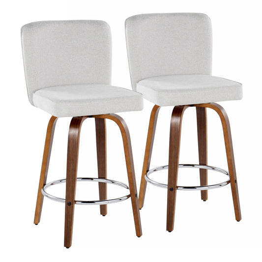 Henry - Set of 2 - 26" Fixed-Height Swivel Counter Stools in Walnut Wood and White Chevron Fabric with Chrome Footrest