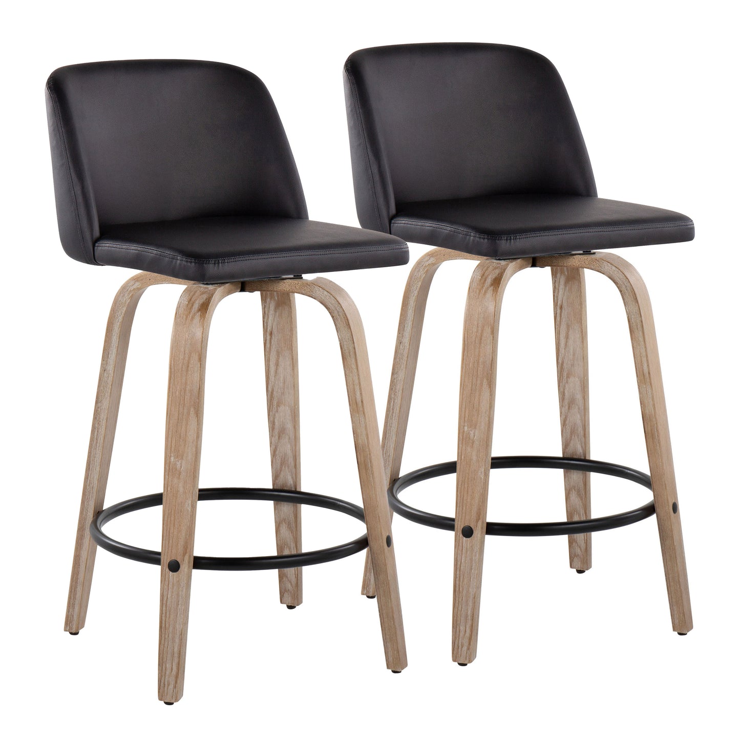 Levian - Set of 2 - 26" Whitewashed Wood & Black Faux Leather Swivel Counter Stools with Round Black Metal Footrest