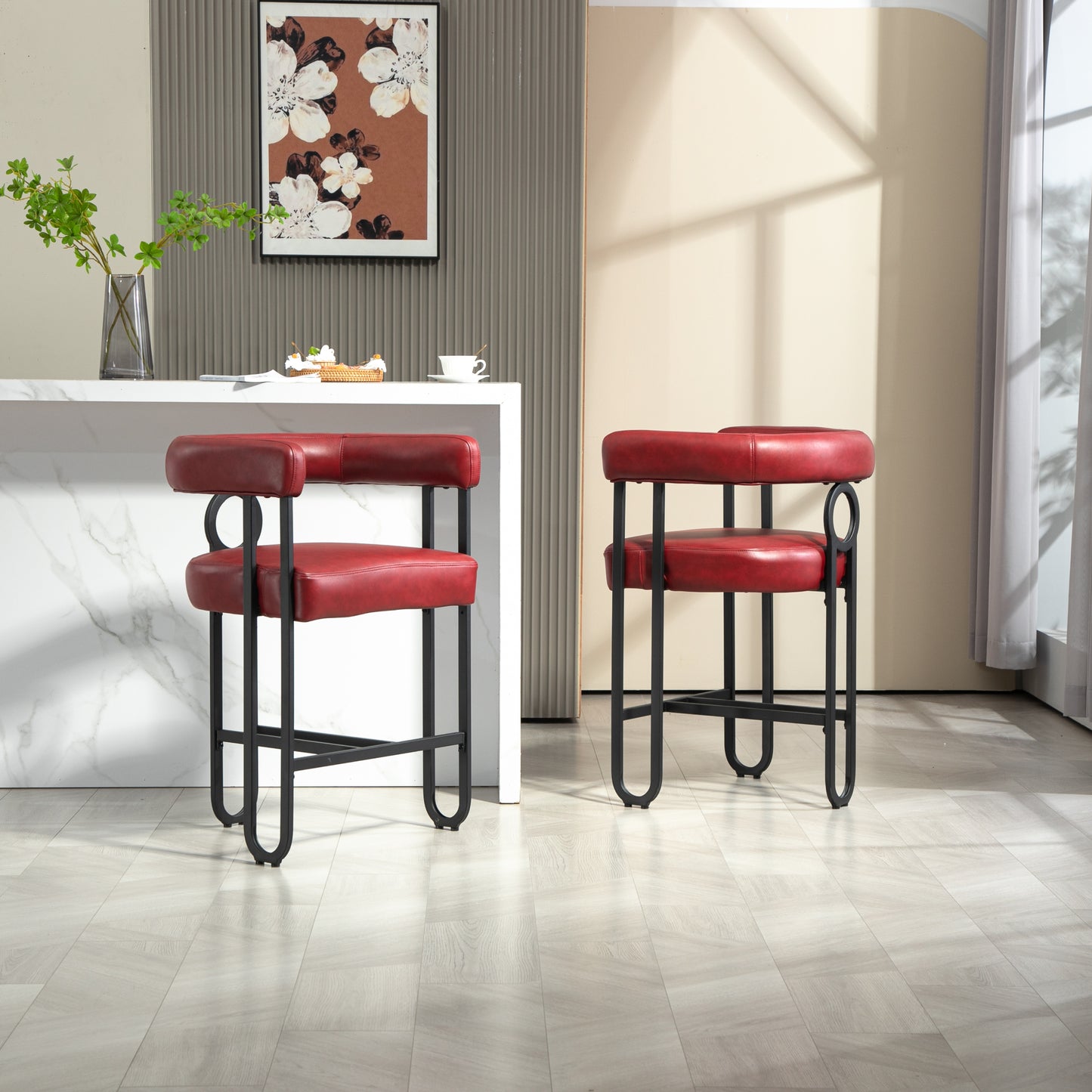 Silver - Set of 2 - 24" Wine Red PU Counter Height Bar Stools with Curved Backrest, Black Metal Frame, Thick Cushion for Kitchen or Dining Room