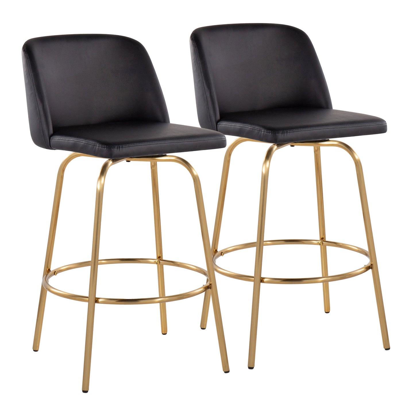 Teona - Set of 2 - 26" Black Faux Leather & Gold Metal Swivel Counter Stools with Round Footrest