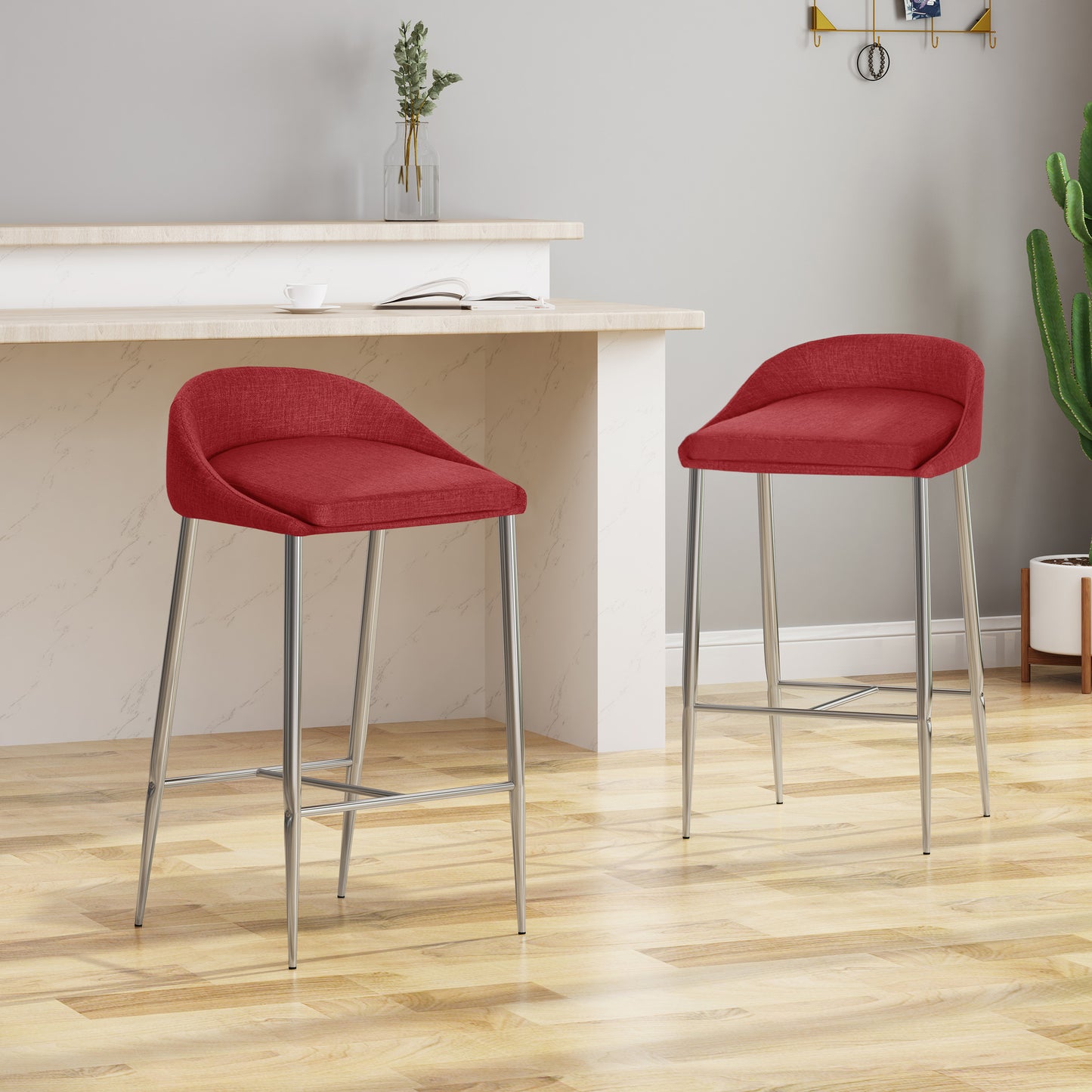 Loyath - Set of 2 - 26" Red Upholstered Counter Stools with Chrome Base